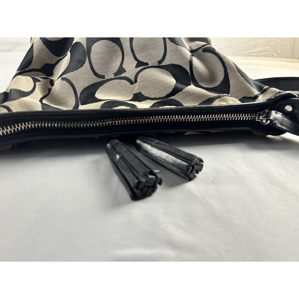 Coach Signature C Hobo Bag Black Khaki Canvas Leather Tassel - Picture 7 of 9